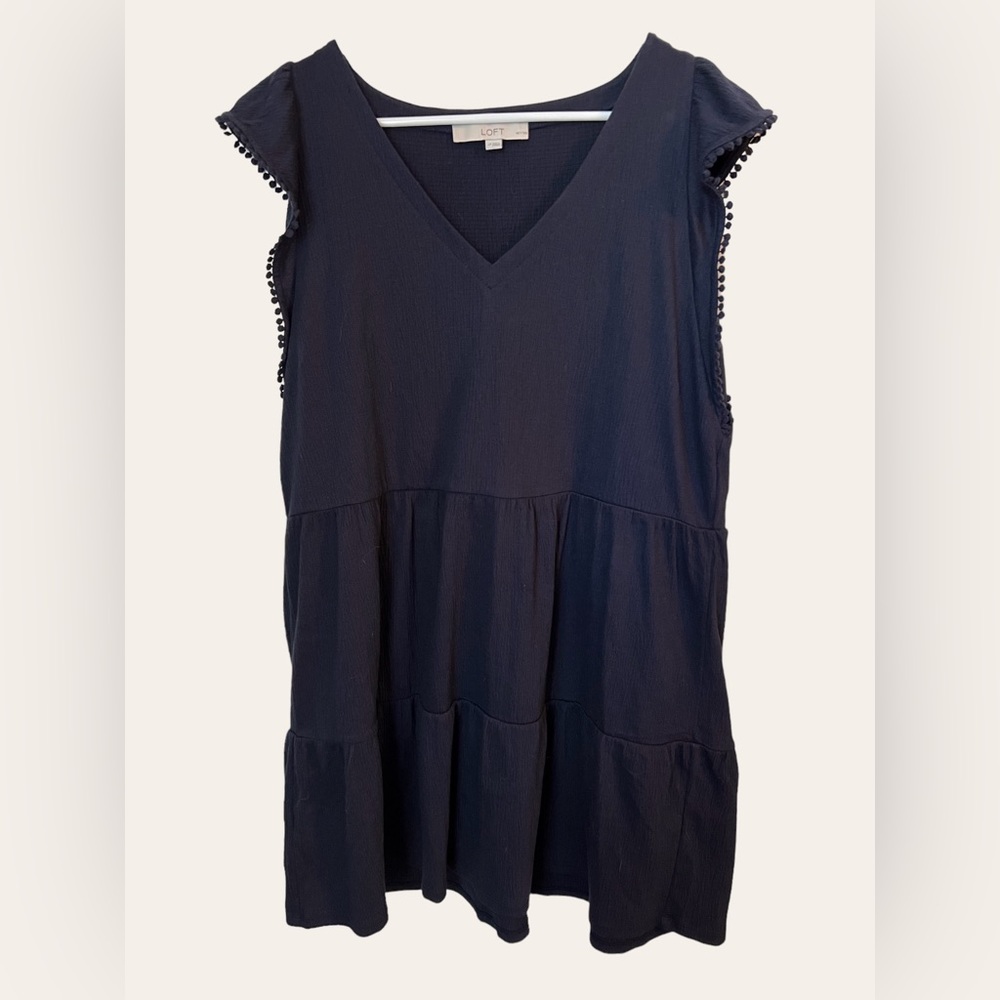 LOFT Navy Dress with Pom Pom Flutter Sleeve Large Petite